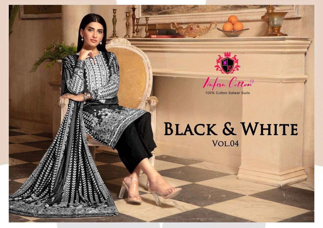 Nafisa Cotton Black And White Karachi Queen Vol 4 Printed Dress Material Collection in surat
