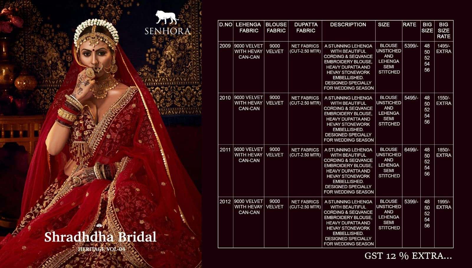 Senhora Shraddha Bridal Heritage Vol 4 Designer Velvet Bridal Lehenga Collection  Dealer
