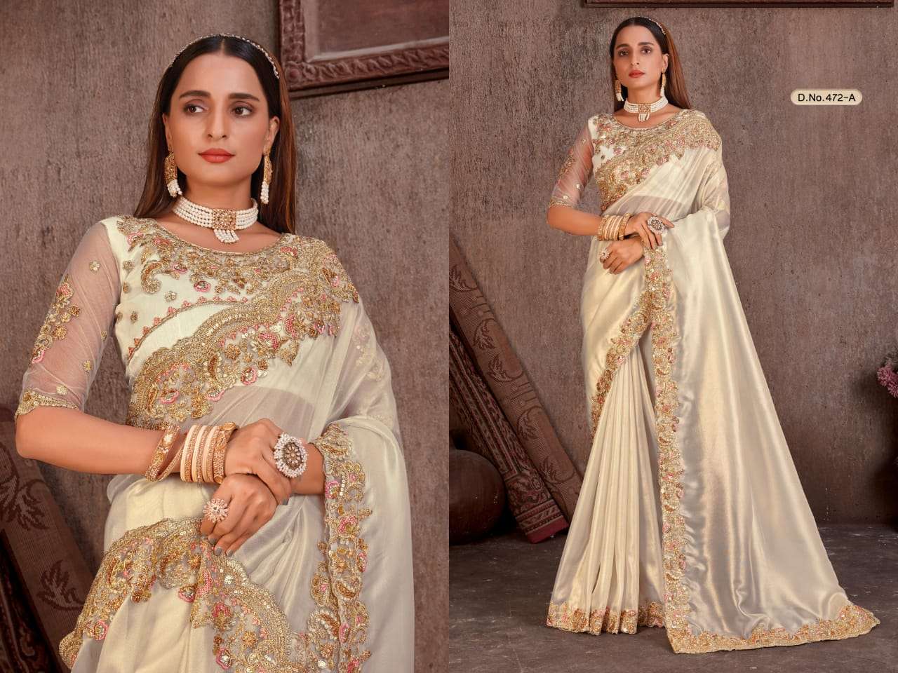 Buy Cream Organza Hand Saree With Unstitched Brocade Blouse Piece For Women  by Geroo Jaipur Online at Aza Fashions.