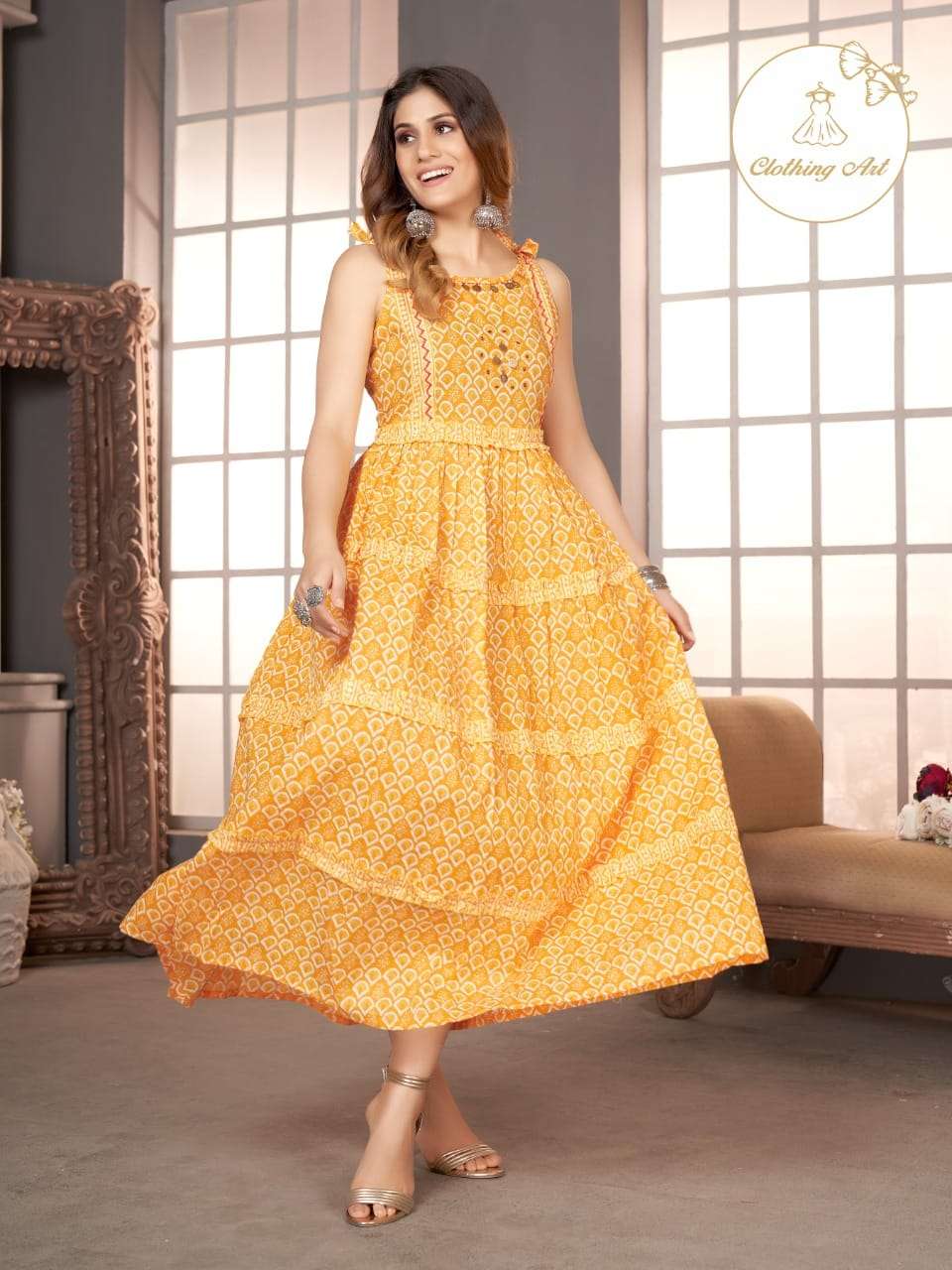 Green Cotton Readymade Long Gown 147783 | Designer kurti patterns, Long kurti  designs, Fancy kurti